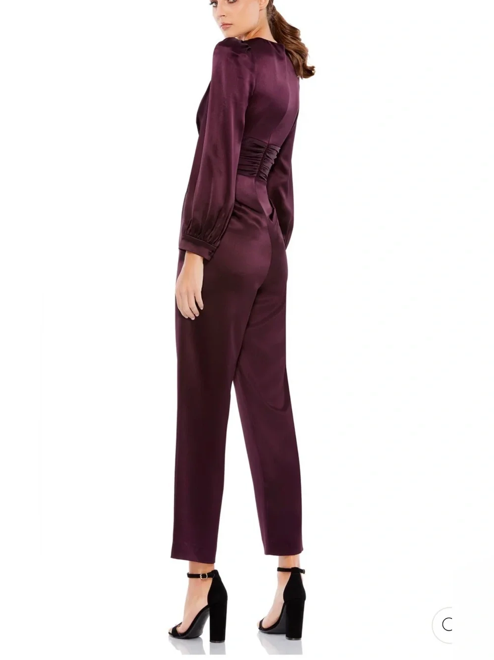 NWOT Mac Duggal Plunging Satin Jumpsuit in Plum